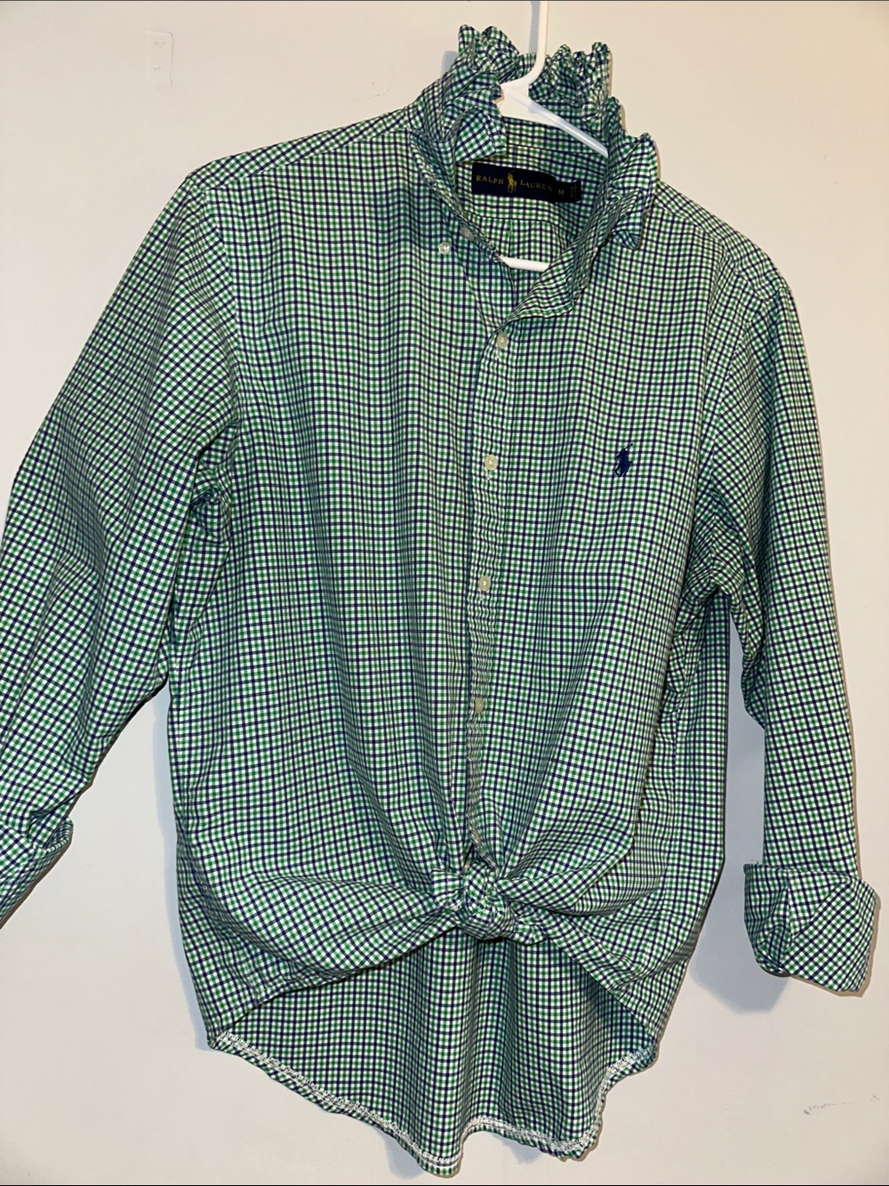 Ralph Lauren Green and White Check Ruffled collar Shirt